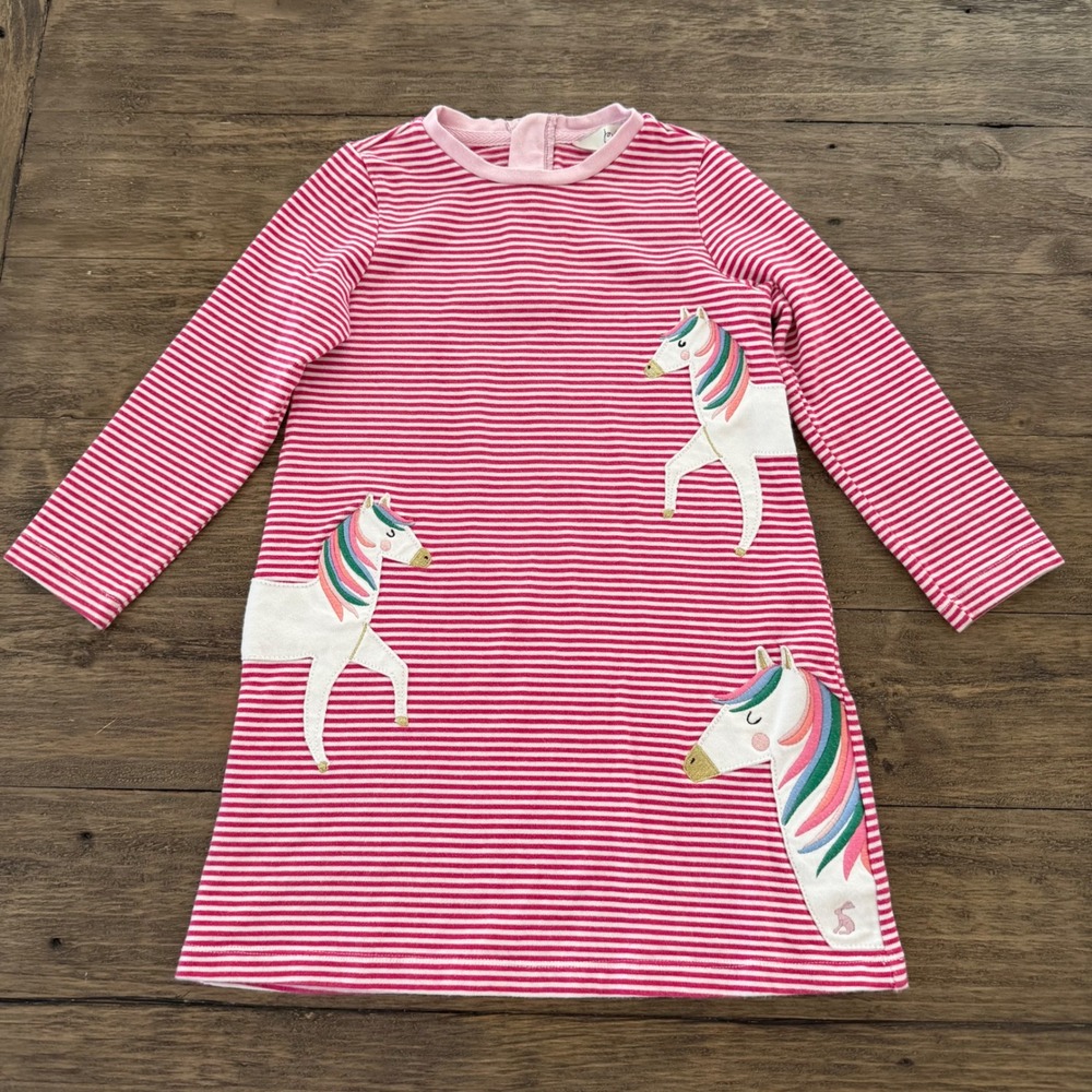 Joules Rosalee Girls Pink Striped Unicorn Long Sleeve Jersey Dress Size 5y 110cm